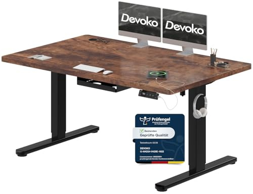 Devoko Höhenverstellbarer Schreibtisch 140x80cm mit Typ-C Ladeanschluss, Schreibtisch Höhenverstellbar Elektrisch 140cm mit Kabel Management Tray, Mobiler Elektrisch Computertisch, Vintage-Braun