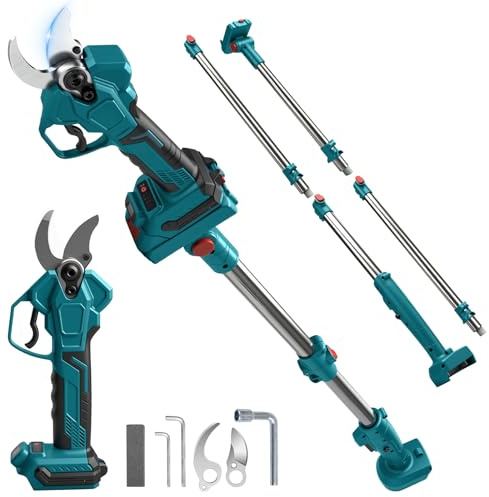 Batteridriven grensax kompatibel med Makita 18 V (inget batteri), öppning 65 mm, max 40 mm skärdiameter, LCD-display elektrisk trädgårdssax uppladdningsbar trädande sax (med 2 m förlängningsstång)
