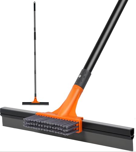 Floor Squeegee for Concrete Floor,Heavy Duty Shower Garage Floor Squeegee Broom with Scrubber Brush and 62 Long Handle for Bathroom Tile,Garage, Deck,Pool,Outdoor Floors,16 Inch,Orange