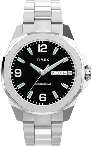 Timex Montre Essex 46 mm pour homme - Bracelet en acier inoxydable - Cadran noir - Boîtier argenté