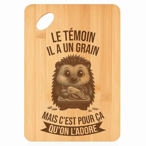 Planche à découper Le Témoin Hérisson Grain - Plateau Apéro en Bambou Cadeau Gravé pour Homme EVG ou Annonce Mariage Cuisine Barbecue