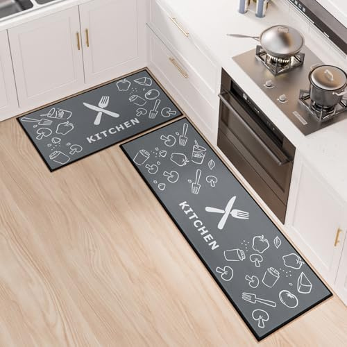 7VSTOHS 2 Piezas de alfombras y tapetes de Cocina Antideslizantes, Lavables a máquina, fáciles Limpiar, para Cocina, Entrada y Pasillo, alfombras corredizas, fáciles Limpiar(Gris,43×75+43×150cm)