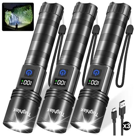 Tughlax 3Pack Rechargeable Flashlights High Lumens, Super Bright Flashlight with LCD Digital Display, 5 Modes Adjustable LED Flashlight Tactical Flashlights High Powered, Flash Lights for Emergency