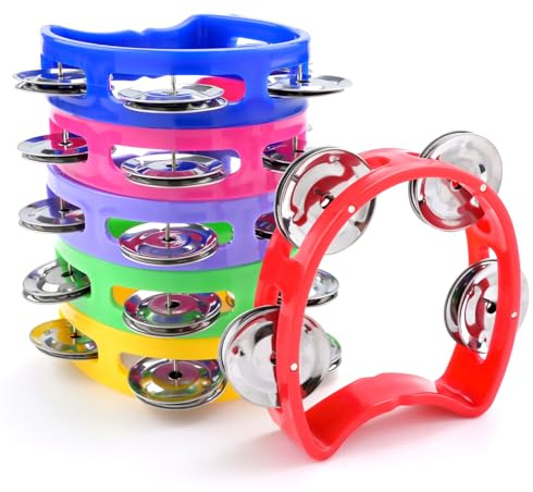 BOUBONI 24 Pack Colorful Tambourine for Kids Adult Plastic Handheld Tambourine Musical Instruments with 4 Metal Jingles for Classroom, Preschool, Family Band and Party Supplies
