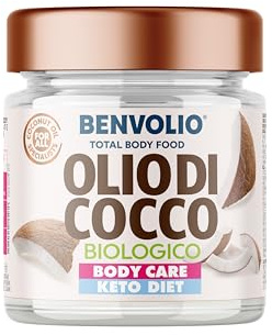 BENVOLIO - Olio di Cocco Biologico 200ml | Alimentare e Cosmetico Total Body Food | Ricco di MCT | per Capelli Ricci Secchi Crespi | Idratante Viso Corpo Pelle | Coconut Oil Hair Skin | Oil Pulling