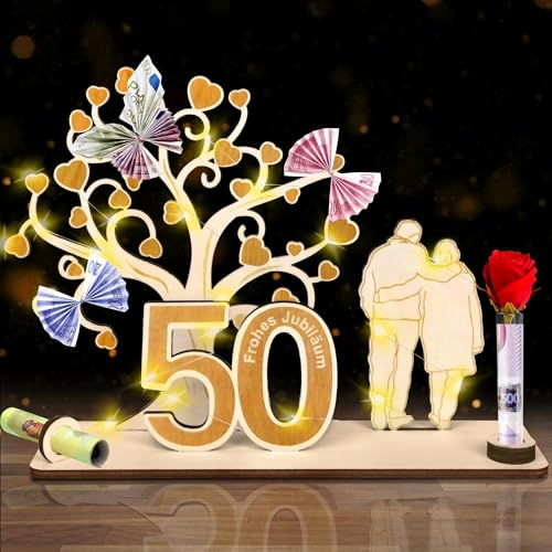 Holz Goldene Hochzeit Geschenke,50 Jahre Goldene Hochzeit Deko Geldgeschenk,50 Frohes Jubiläum mit Herzbaum & LED Lichterkette,Geschenkidee zum 50. Hochzeitstag für Frau Mann Paare