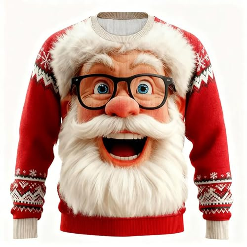 Ugly Christmas Jumpers for Men UK ugly christmas jumpers 3D Santa Claus Novelty Knitted Xmas Sweater Casual Long Sleeve Crew Neck Pullover Sweatshirt Oversized Comfortable UglyTops Warm Knitwear