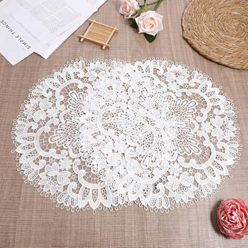 2 Pcs Crochet Doilies Lace Round Placemats 15 Inch Vintage White Handmade Lace Placemats Rustic Floret Embroidered Cotton Crochet Doilies for Dining Table Wedding Party Home Vase Kitchen Washable