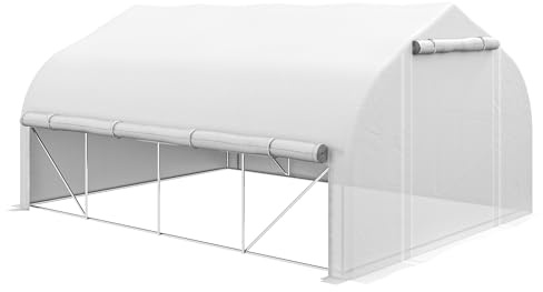 Outsunny Serre tunnel de jardin 12m², serre de jardin tunnel 395x300x200cm porte et 8 fenêtres avec moustiquaires, pour extérieur, toutes saisons, légumes, fruits, bâche PE haute densité 140g/m² blanc