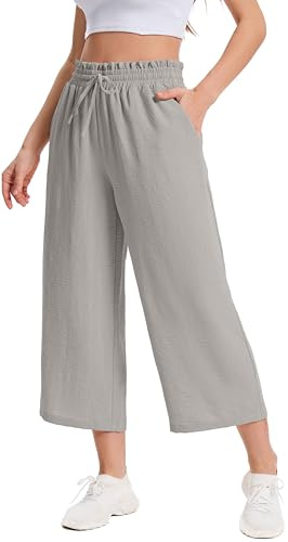 WUWUSKY Pantalon 3/4 Femme Taille Haute Capri Pantacourt Femme Été Fluide Léger Respirant pour Travail Décontracté avec Poches