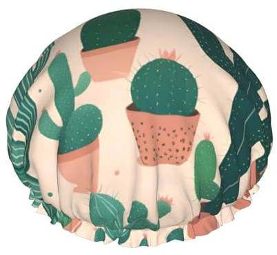 Cute Cactus Print Bath Cap For Long Hair And Short Hair, Washable Elastic Band Bath Hair Hat For Long Hair, Braid