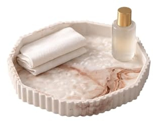 Vassoio Decorativo in Gesso Ceramica Ottagonale, Effetto Marmo, Fatto a Mano per Bagno, Scrivania e Camera da Letto e Ingresso,Portagioe, Svuota Tasche (Marmo terracotta rosa)