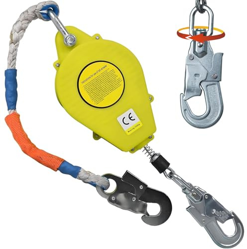 IELSH Höhensicherungsgerät Absturzsicherung 10m/15m/20m (Gelb, 15m) | Absturzsicherung Dachdecker mit Selbstsicherndem Haken, 150KG Tragbar Fallschutz Auffanggerät für Arbeiten in der Höhe