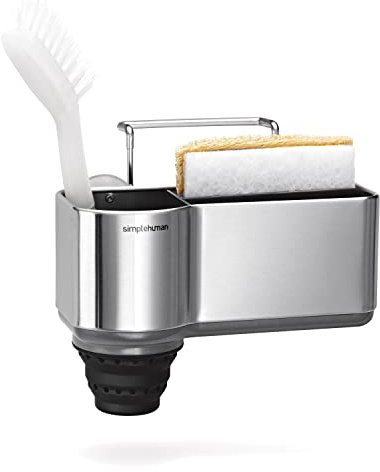 simplehuman KT1116 diskbänk caddie organiseringshållare prydlig, med sugkoppar, trådhängare, förlängs för att hålla längre borstar, svampförvaring, rostfri, borstat rostfritt stål