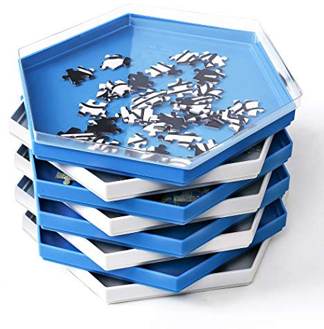 Becko - Plateaux de tri de puzzle empilables avec couvercle - Accessoires pour puzzles jusqu'à 1500 pièces - 8 plateaux hexagonaux (bleu et blanc)