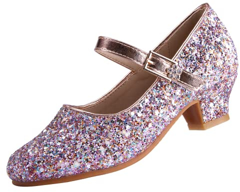 EIGHT KM Niñas Tacones Bajos Mary Jane Vestido Formal Bombas Zapatos EKM7015 Brillo Brillante Champaña Luminosa Talla 37