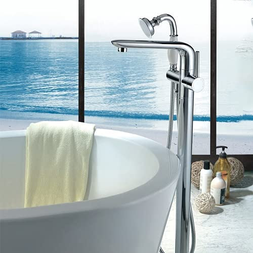 SYZMA Chrom Wannenmischer Wasserhahn Bodenmontage Badewanne Wasserhahn freistehend Badewanne Wasserhahn Badewannenarmatur mit Handbrause und Podest, Einzelschalter Bodenmontage (runde Dusche)