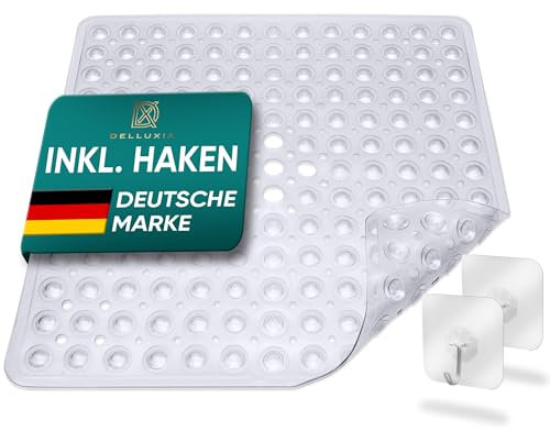 Delluxia Duschmatte 53x53 cm, INKL. 2 Haken | Antirutschmatte Dusche Badematte schimmelresistent & maschinenwaschbar | Duscheinlage BPA frei & latexfrei | Transparent
