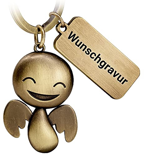 FABACH Schutzengel Schlüsselanhänger Happy mit Wunschgravur - Niedlicher Engel Anhänger aus Metall mit personalisierter Gravur - Geschenk Glücksbringer Gravur - Wunschtext individuell graviert