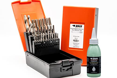 BAER Gewindebohrer Satz HSSG: Einschnittgewindebohrer (3 St. je Abmessung), Kernlochbohrer: M 3-12 - Gewindeschneider Set - Gewinde schneiden inklusive Schneidpaste/Bohrpaste