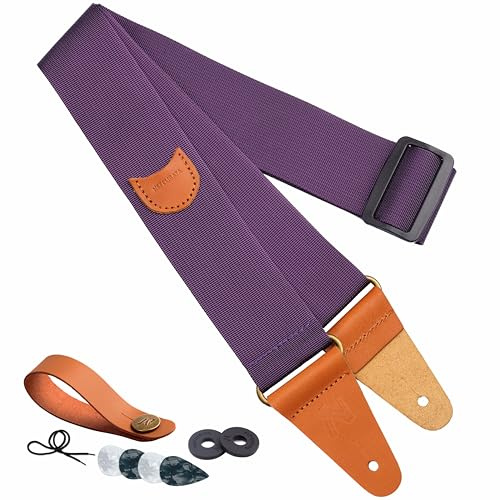Gitarrengurt, Vintage Nylon Vollnarbenleder Gitarrengurte mit Plektrumtasche für Bass-, Elektro- & Akustikgitarre, mit kostenlosem Gurtknopf, 1 Paar Gurtschlössern und 4 Gitarrenplektren (Lila)