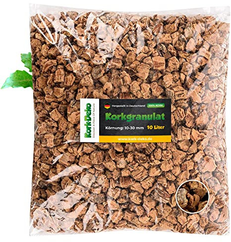 10 Liter Korkgranulat, SEHR GROB (10-30 mm) | Korkschrot, Korkbruch | für Floristik und Dekoration | Pflanzsubstrat, Füllung für Töpfe, Kübel | Für Terrarien und Modellbau