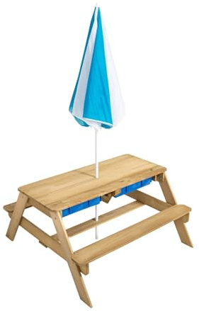TP Toys Picknickbank aus Holz mit Sand und Wasser, mit Sonnenschirm, Garten- und Gartenmöbel für Kinder, Picknicktisch mit Sonnenschutz, für 4 Kinder, ab 2 Jahren