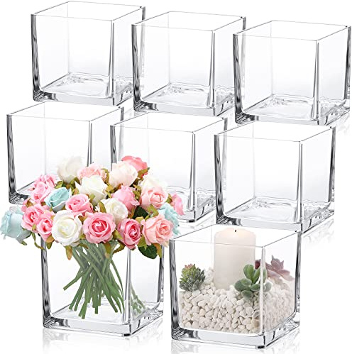 Yaomiao 8 Pieces ​Square Glass Vase 6X 6 x 6 Inch Clear Cube Wedding Flower Vase Floating Candle Holders for Centerpiece Home Garden Wedding Formal Dinners Floral Container Decorations