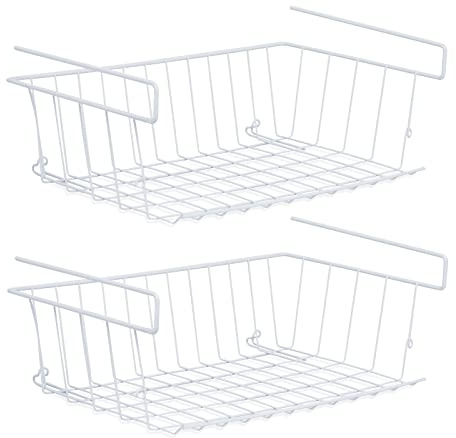 2 Pack Under Shelf Storage Baskets with Open Front, Versatile Shelf Basket Under Desk Hanging Wire Basket Organiser for Kitchen Shelves, Pantry, Office Desk and Cabinets | White