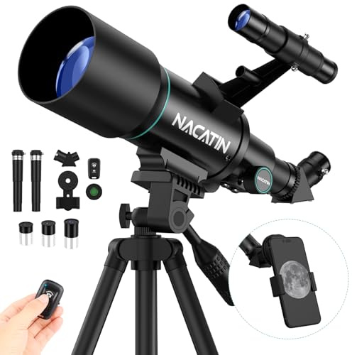 NACATIN Telescopio Astronomico per Bambini Adulti Principianti, 70 mm Apertura 400mm AZ RifrattoreTelescopio con Regolabile Treppiede, borsa, Telecomando Adattatore per Cellulare Nero