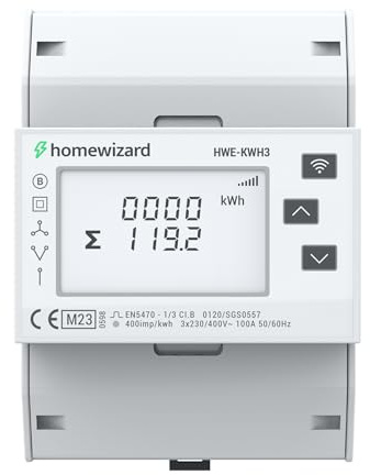 HomeWizard Compteur kWh WiFi 3 phase, Certifié MID, Rail DIN 35 mm, 100A 230V, Compteur Électrique pour Énergie Solaire, Borne de Recharge, Compteur D’injection, Maison Intelligente
