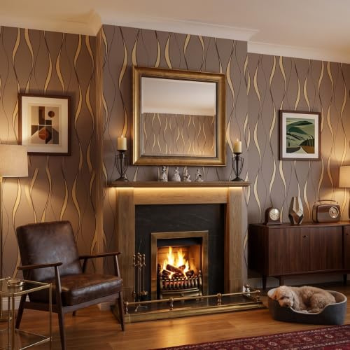 Trafagala Taupe Brown Wallpaper Gold Swirls Glitter Embossed Stripe | Wallpaper for Living Room Bedroom Elegant Bright Warm Colours 3D Flocking Textured Feels Like Material On The Wall Modern