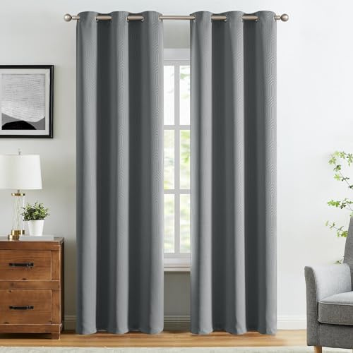 TOPICK 2 Pieces Rideau 140 x 245cm (L x H) Occultant à Oeillets Rideau Thermique Isolant Anti Chaleur Draperies Intérieurs Gris Avec Motif Géométriques Fenetre Opaque Moderne Pour Chambre Salon