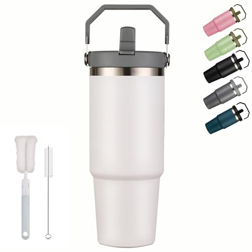 XIXIAMI resemugg med handtag 900 ml–3,8 dl isolerad tumlare med sugrör och lock läckagesäker kaffemugg för varm eller isdryck | rostfritt stål termoskopp – vit