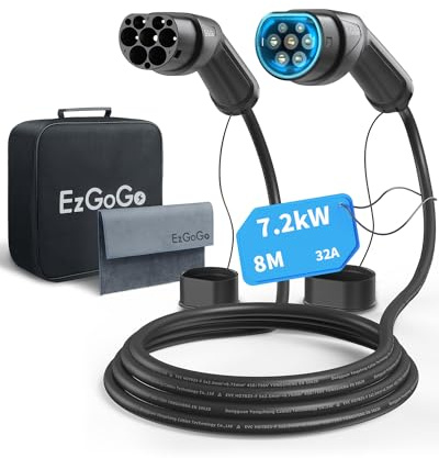 EzGoGo Type 2 Câble Recharge Voiture Electrique, 7,2kW / 32A / Monophasée / 8 mètres/Mode 3, Câble de Charge Rapide Hybride Plug-in pour Véhicule Électrique de Type 2