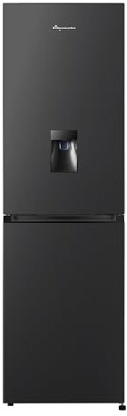 Fridgemaster MC55251DEB 55cm Freestanding 256 litre 50/50 Fridge Freezer with Non-plumbed Water Dispenser - Frost Free - LED Lighting- 4 Star Freezer Rating -Black - E Rated, H182.4 x W55 x D55.7 (cm)