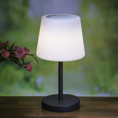 MARELIDA LED Akku Tischlampe mit Bluetooth Lautsprecher wiederaufladbare Tischleuchte kabellos für Außen Garten Terrasse Balkon H: 38cm outdoor (Weiß/Schwarz)