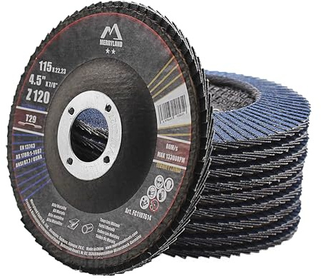 Merryland 10 Stück 120K Fächerscheibe 115 Metall Lamellenscheibe T29 | 115mm Winkelschleifer, Stahl Edelstahl Zirkonkorund Blau Schleifmopteller, Craft-Line FC1107614-10