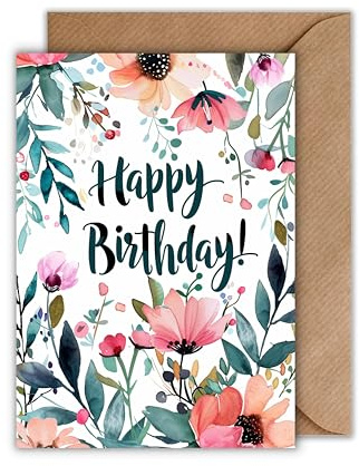 Geburtstagskarte mit Blumen – Happy Birthday Karte mit floraler Aquarell-Illustration – Klappkarte DIN A6 mit Umschlag – elegante Grußkarte zum Geburtstag für Frauen, Freundinnen & Familie