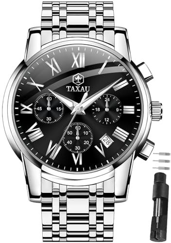 Taxau Uhr Herren Chronograph 30M Wasserdicht Großes Zifferblatt Edelstahl