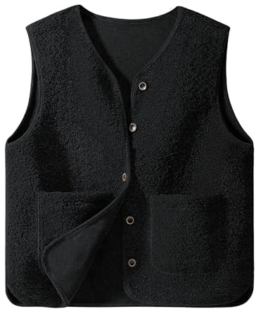 CMTOP Teddy Gilet for Women UK Sleeveless Short Winter Jackets Fleece Gilet Ladies Gilets and Bodywarmers Lightweight and Cozy Outerwear Vest with Button and Pockets(Black,L)
