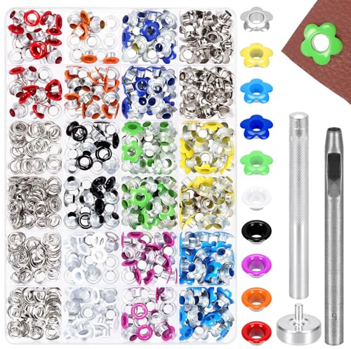 Glarks 402 st 5 mm (3/16 tum) öljettset med blommor och runda öljetter, 10 färger och 2 typer metallöljetter med 2 st installationsverktygssats för skoöljetter, bälte, väskor och andra läderprojekt