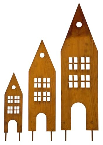 Roststecker Tannenbaum und Elch weihnachtsdeko, 4er Set Metall Rost Deko Weihnachtsbaum Gartenstecker, Herbstdeko Roststecker Weihnachtsdeko für Draußen (3er Set Haus)