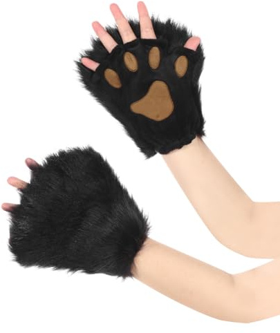ITODA lurviga katttasshandskar djurhandskar tecknad björn räv tass klo handskar vinter varma handskar halvfingerhandskar hårig handvärmare fest cosplay kostym handskar för vuxna, Svart, M