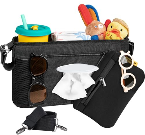 Boffinby Parent Console Fits for Wonderfold W2&X2, Wagon Stroller Organizer with 2 Insulated Cup Holders, Multiple Storage Pockets, Detachable Pouch, Removable Shoulder Strap, Essential of Family