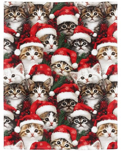 Weihnachts Kuscheldecke mit Kätzchen, Geschenke für Katzenliebhaber/Katzenbesitzer, Super Weiche Warme Fleece Decke, 150 x 200 cm