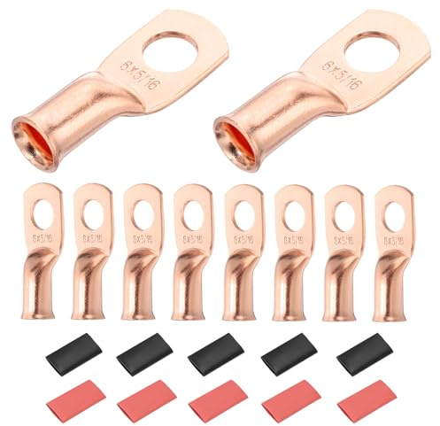 DMiotech 16 Pcs 6 AWG - 5/16 Copper Cable Lugs, Battery Cable Ends, Heavy Duty Copper Wire Lugs with 16pcs Heat Shrink Tubing for Electrical Projects, Copper