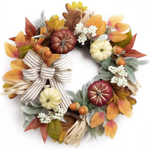 Valery Madelyn 45cm Herbstdeko Türkranz,Herbstkranz Haustür Kürbis Fliege | Deko kranz Kürbis Ahornblatt Beere für Innen Tisch,Herbstgirlande wasserfest für Fall Decor Erntedank Herbst außen,Orange