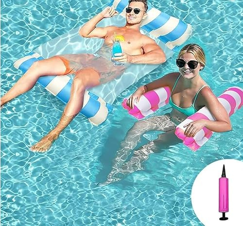 NINGESHOP 2Pcs Flottant Hamac Gonflable,4 in 1 Bouee Piscine Adulte,Matelas Gonflable Piscine,Matelas Piscine Gonflable Bouée,Fauteuil Gonflable de Piscine,Hamac d’Eau Plage Portable pour Partie