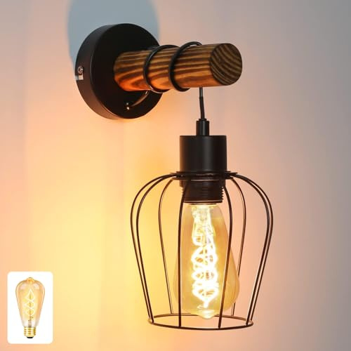 ZMH Wandleuchte innen Holz Vintage Wandlampe E27 mit Schalter | Wandbeleuchtung Industrial Design Schwarz mit 1 × 4W Leuchtmittel aus Metall Wandspot für Schlafzimmer Wohnzimmer Flur Cafe